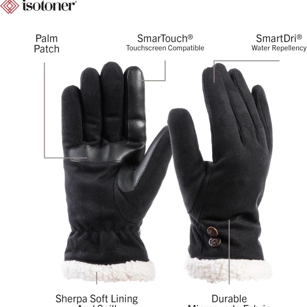 Isotoner Water Repellent Touchscreen Microsuede Sherpa Lined Gloves With Buttons - Picture 5 of 6